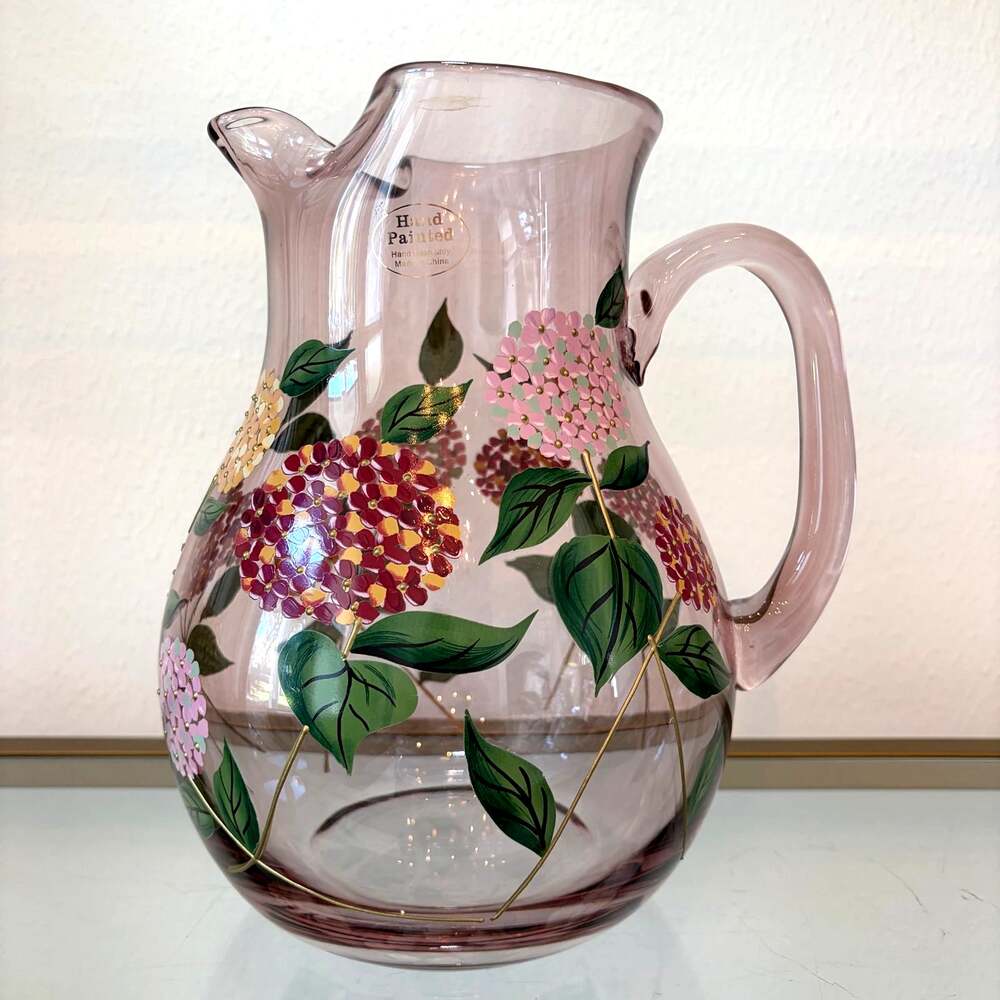Hand Painted Hydrangea Glass Belly Pitcher Chic Purple Fall Floral Barware NEW
